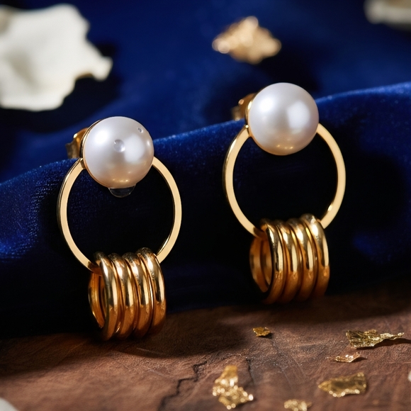 Minimalist Chic Faux Pearl Golden Hoops Earrings Dainty Everyday Jewelry - Picture 5 of 14